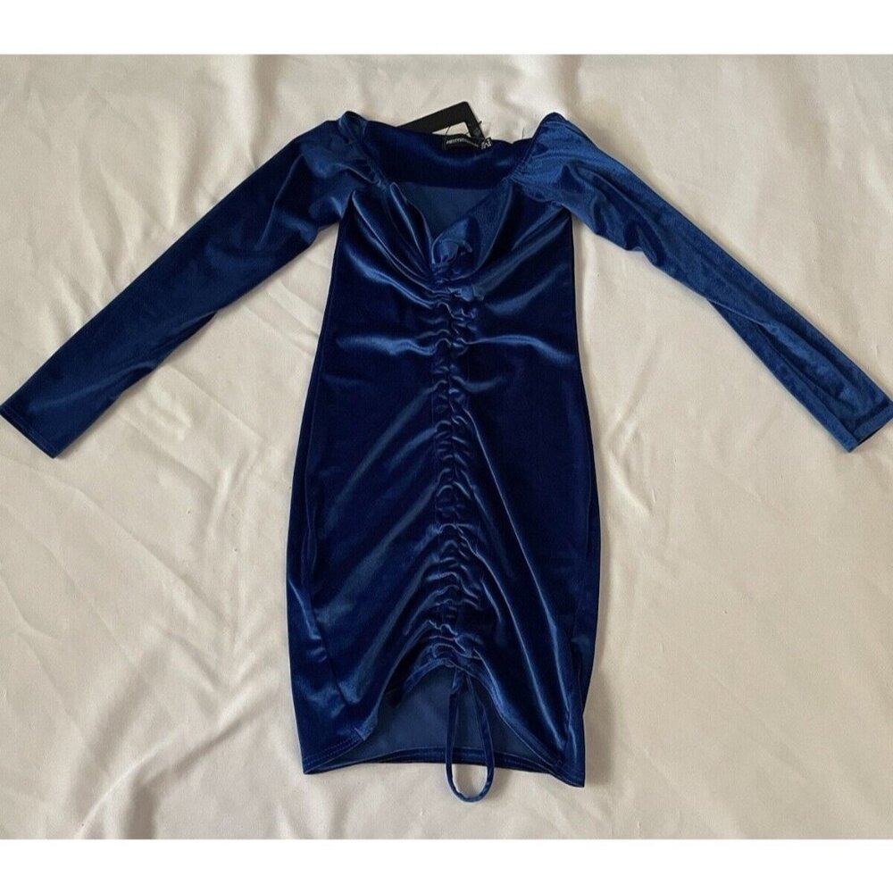 Blue Velvet Ruched Bodycon Mini Dress With Long Sleeves & Adjustable Tie